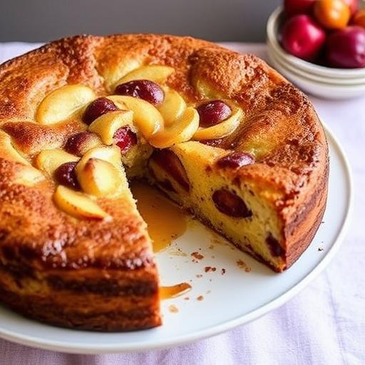 APPLE AND PLUM CAKE WITH RUM CARAMEL SAUCE