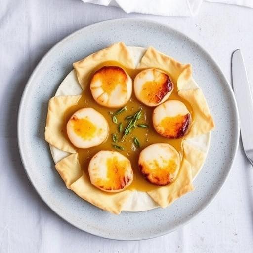 APPLE AND FILO TART WITH SCALLOPS AND BACON SALAD