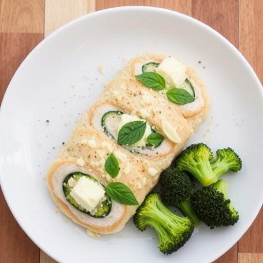 BASIL AND GOATS' CHEESE-STUFFED CHICKEN WITH SWEET POTATO, BROCCOLI AND ROAST GARLIC VINAIGRETTE