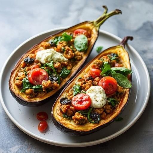 AUBERGINE STUFFED WITH CHORIZO, SPINACH, TOMATO AND RICOTTA