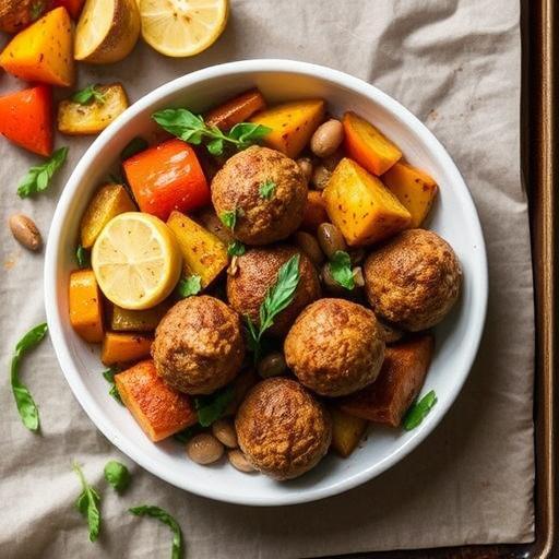 APRICOT, CHESTNUT AND ADUKI BALLS WITH ROASTED VEGETABLES AND WHITE WINE MISO GRAVY