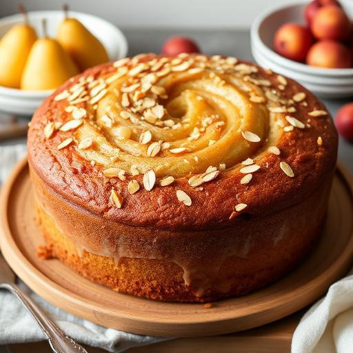 ALMOND CAKE WITH PEARS POACHED IN RED WINE