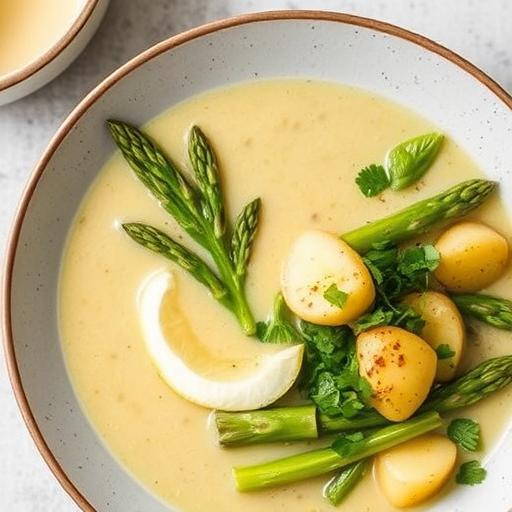ASPARAGUS SOUP WITH ASPARAGUS TIPS, JERSEY ROYAL POTATOES AND WATERCRESS