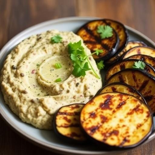 BABA GANOUSH, GRILLED AUBERGINE WITH LENTILS AND AUBERGINE FRITTERS
