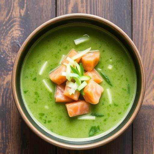 ASIAN GINGER AND CUCUMBER SOUP WITH SEARED SALMON