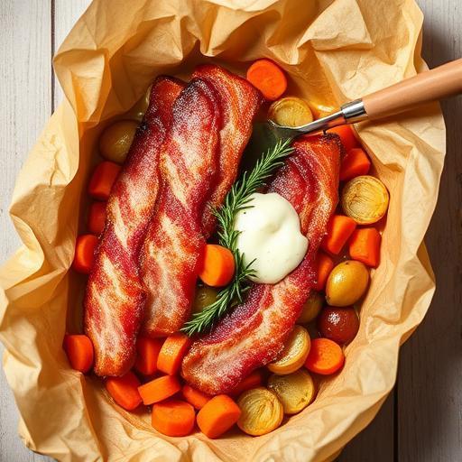 BACON BAKED IN A PAPER BAG WITH CARROTS AND CREAMED ONIONS