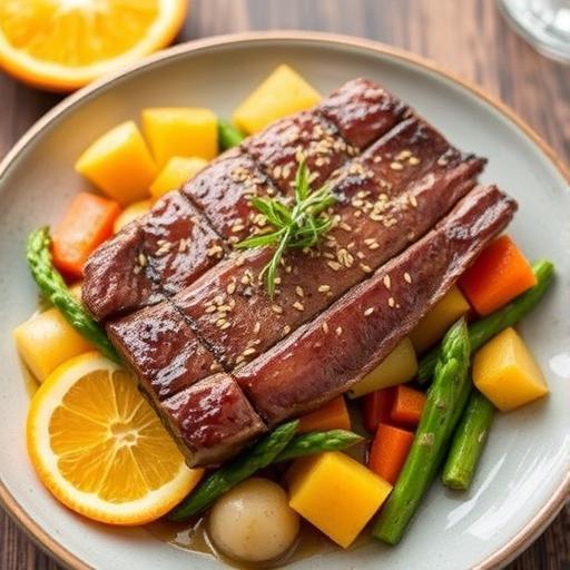 ASIAN SESAME BEEF FILLET WITH ORANGE AND VEGETABLE SALAD