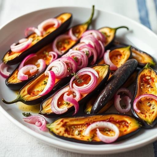BABY AUBERGINES WITH OREGANO AND RED ONIONS