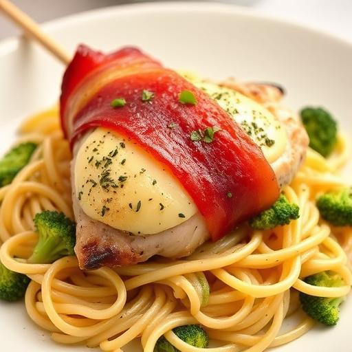 BACON-WRAPPED CHEESE STUFFED CHICKEN WITH FRESH HERBED PASTA AND SAUTÃ©ED BROCCOLI