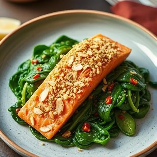 ALMOND-CRUSTED SALMON WITH CHILLI SPINACH