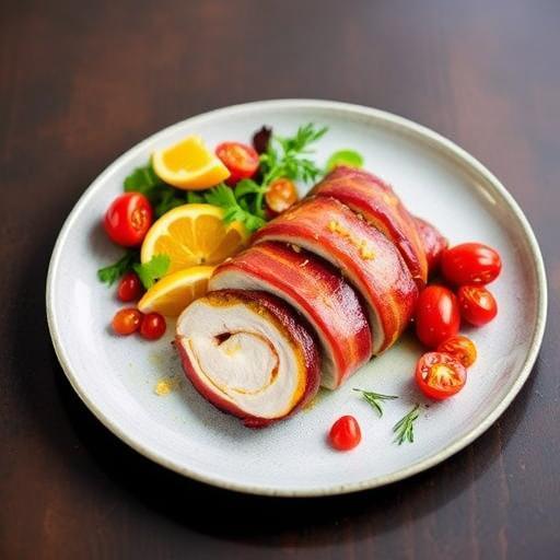 BACON-WRAPPED PIGEON STUFFED WITH ORANGE ZEST WITH ROASTED TOMATOES AND CITRUS SALAD