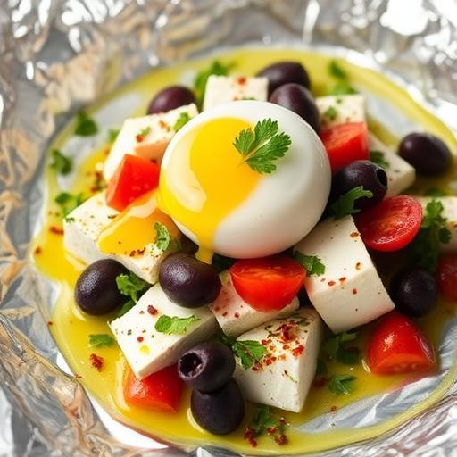BAKED CHILLI FETA WITH TOMATOES, OLIVES AND A POACHED EGG