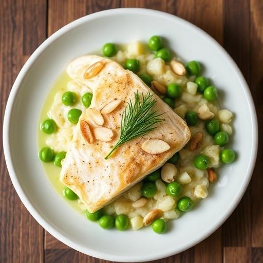 ALMOND AND DILL-BUTTERED TROUT WITH PEAS 'BONNE FEMME'