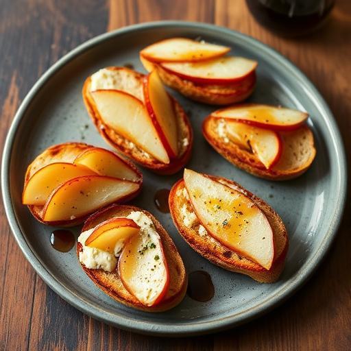 BABY BRUSCHETTAS WITH POACHED PEARS, GORGONZOLA AND PORT SYRUP