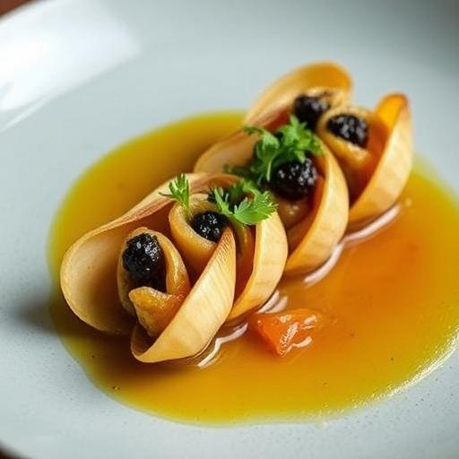 BABY SQUID STUFFED WITH MORCILLA WITH TOMATOES AND CLAMS