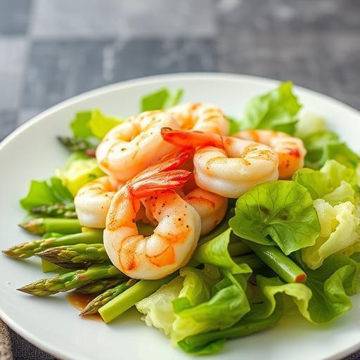 ASPARAGUS AND LETTUCE WITH PRAWNS AND SESAME AND SOY DRESSING