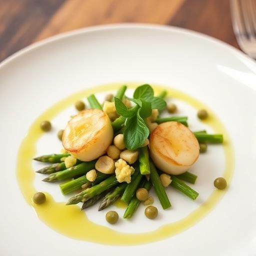 ASPARAGUS AND SCALLOP SALAD, WITH COCKLE TARTARE SAUCE AND MINT OIL